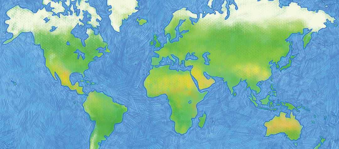Världskarta i blått, grönt, gult och vitt.
